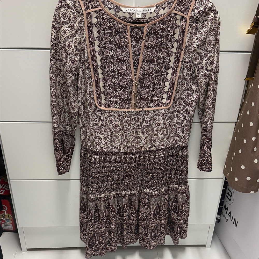 Veronica Beard Brown and Cream Paisley Long-Sleeve Smocked-Waist Dress